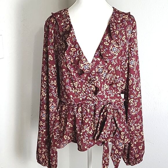 Max Studio Maroon Floral Blouse with Criss-cross Ruffle & Tie in Front, Sz Large - Picture 3 of 10
